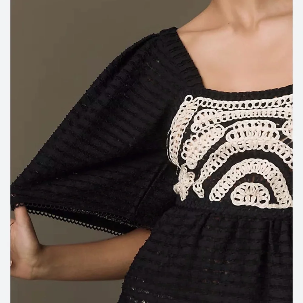Anthropologie Black Top with Cream Crochet Inset